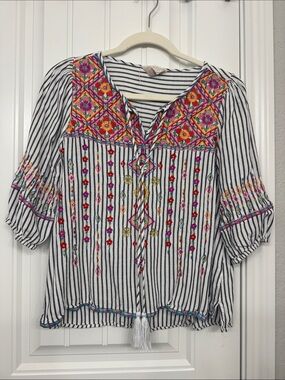 Savanna Jane White & Black Striped Tunic with Multicolor Embroidery